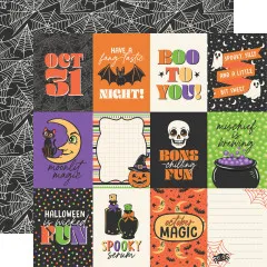 Journaling-Kärtchen-Bogen mit Halloween-Sprüchen (u. a. „Oct 31”, „Have a Fang-tastic Night”, „Boo to You”) / Rückseite: schwarzes Spinnennetz-Muster