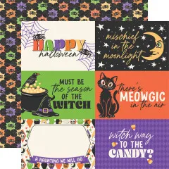 Journaling-Kärtchen-Bogen mit Halloween-Sprüchen (u. a. „Happy Halloween”, „Mischief in the Moonlight”, „There's Meowgic in the Air”) / Rückseite: buntes Spinnen-Muster
