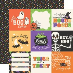 Journaling-Kärtchen-Bogen mit Halloween-Sprüchen (u. a. „Fa-Boo-lous”, „Hocus Pocus”, „Trick or Treat”) / Rückseite: schwarzes Punktmuster