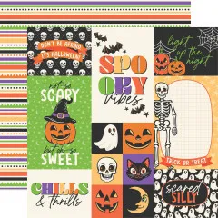 Journaling-Kärtchen-Bogen mit Halloween-Sprüchen (u. a. „Spooky Vibes”, „Not-So-Scary but Oh-So-Sweet”, „Scared Silly”) / Rückseite: Streifen- und Dreiecksbordüre