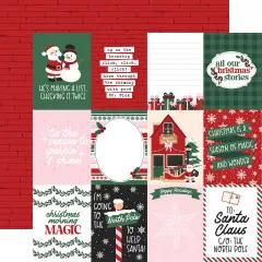 Journaling-Kärtchen-Bogen mit Nordpol-Sprüchen (u. a. „He's Making a List, Checking It Twice”, „All Our Christmas Stories”, Santa's Toy Shoppe) / Rückseite: rote Ziegelstruktur
