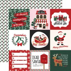 Journaling-Kärtchen-Bogen mit Feiertagsmotiven (u. a. Mrs. Claus' Bake Shoppe, „December 25”, „Hey, Santa!”) / Rückseite: Stechpalmen-Streumuster auf Weiß