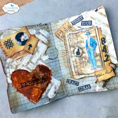 Journalseite mit Herzmotiv "PERFECT" und Modeillustration, Textstreifen "Trust your crazy ideas"