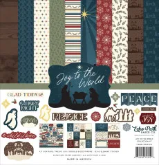 Joy to the World Collection Kit von Echo Park mit 12 Designpapieren und Stickerbogen, Motive: Sterne, Tannenzweige, Krippe, Engel, Schneeflöckchen in Dunkelblau, Bordeaux, Creme, Beige