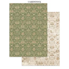 Cardstock-Seite mit grünem Damastmuster und beigem Ornament-Design zum Ausschneiden