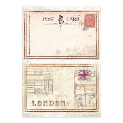 Ausschneidbare Seite mit Postkarten-Design, Londoner Motiven und Doppeldeckerbus-Illustration