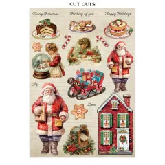 Cut-Outs-Bogen mit Santa, Kuchen, Schneekugel und Schlitten.