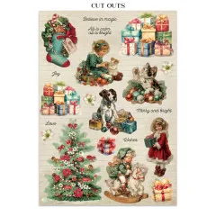 Cut-Outs-Bogen mit Katze, Hund, Geschenken und Weihnachtsbaum.