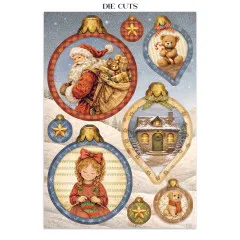 Stanzformen in Ornamentform mit Santa, strickendem Mädchen, Häuschen und Teddy.