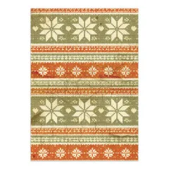Norwegermuster in Orange, Grün und Creme mit Schneeflocken.