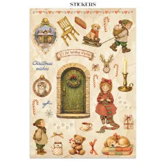 Sticker-Bogen mit Häuschen, Stuhl, Hund im Schlitten, Elfenjunge und strickendem Mädchen.