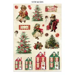 Sticker-Bogen mit Mädchen, Teddybären, Weihnachtsbaum und Häusern.