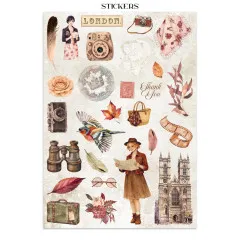 Selbstklebende Sticker-Seite mit Figuren, Kameras, Blüten und London-Motiven