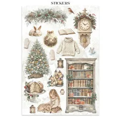 Sticker-Bogen mit Girlande, Uhr, Bücherregal, Baum und Mädchen mit Reh.