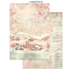 Rosafarbene Berglandschaft mit Cottage am See im Schneefall, Rückseite Vintage-Notenblatt.
