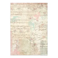 Vintage-Notenblatt-Collage in Rosa und Türkis mit Rosenranken.