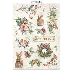 Sticker-Bogen mit Vögeln, Poinsettien, Hase und Kranz, Schriftzug 'Joyful Christmas'.