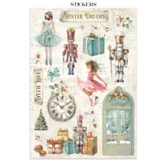 Sticker-Bogen mit Ballerina, Nussknackern, Eisläuferin und Wintertür, Schriftzug 'Winter Dreams'.
