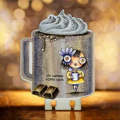 Graue Bastelkarte als Kaffeetasse mit glitzernder Schlagsahne, Spruch und gezeichnetem Mädchen