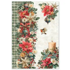 Reispapier-Bogen mit geschmücktem Kamin, Kerze und Poinsettien-Girlande im Design Merry & Bright