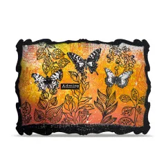 Schwarzer Wellenrahmen mit Blätterzweigen, Schmetterlingen auf Orange und Admire