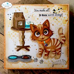 Karte mit Katze, die aus einer Geschenkbox mit Luftballon schaut.
