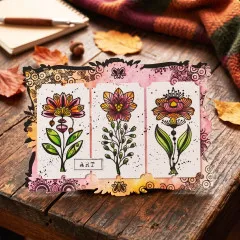 Karte mit drei kolorierten Folk-Art-Blüten in Ticketfeldern und Etikett Art