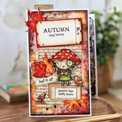 Karte mit Pilzmädchen, Ahornblatt, Rotkehlchen und Etikett Autumn easy breezy