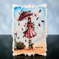Karte im weißen Petal Frame mit Dame mit Schirm, Blumenkorb und autumn day