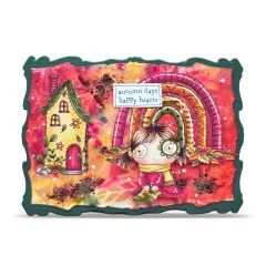 Querformatige Karte im Wellenrahmen mit Mädchen, Regenbogen, Haus und autumn days happy hearts