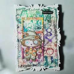 Bunte Karte mit Wandererfigur im Rahmen und Etikett Beloved