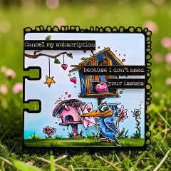 Karte mit Vogelhaus, Briefkasten, Vogel mit Briefen und Spruch Cancel my subscription