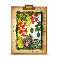 Karte mit Eichhörnchen, roten Ahornblättern, hängenden Eicheln und Schriftzug colors