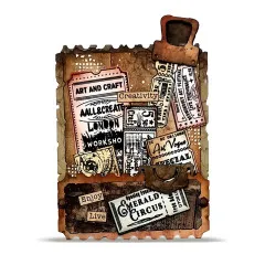 Gealterte Karte mit bunt gestempelten Tickets, Koffergriff und Etiketten Creativity, Enjoy und Live