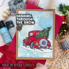 Karte mit rotem Oldtimer mit Tannenbaum im Schnee und Text Dashing through the snow