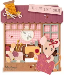 Shaped Card als Handarbeitsladen mit Maus, Nähmaschine und Herzknopf an der Garnrolle