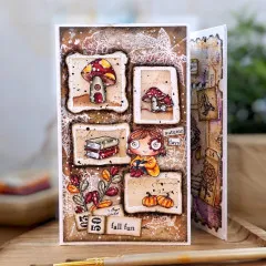 Klappkarte mit Pilzhaus, Büchern, Mädchen und Tickets autumn days und fall fun