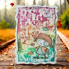 Bunte Karte mit Mädchen mit Mütze, Blättern und Etiketten fall fun
