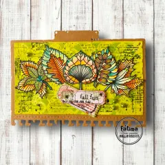 Gelbgrüne Karte mit bunten Herbstblättern und Tag fall fun