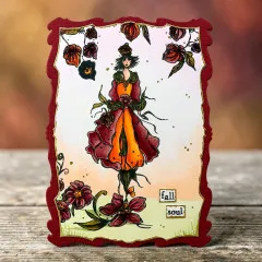 Roter Wellenrahmen mit Herbstfee im Blütenkleid, Lampionblumen und Etiketten fall soul