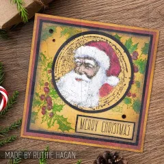 Karte mit koloriertem Weihnachtsmann im Kreis und Merry Christmas