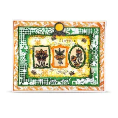 Karte in Grün und Orange mit drei Blütenfenstern und Schriftzug flowers
