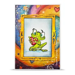 Karte mit gelbem Royal Frame, Frosch mit Herz und buntem Galaxie-Hintergrund