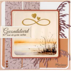 Beileidskarte mit Seelandschaft, goldenem Unendlichkeitszeichen mit Herzen und Text Gecondoleerd met dit grote verlies