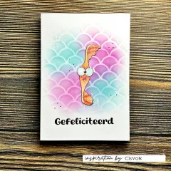 Karte mit Seepferdchen vor Schuppen in Pink und Türkis und Text Gefeliciteerd