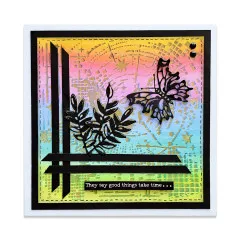 Regenbogenkarte mit Schmetterling, Blätterzweig und Spruch They say good things take time