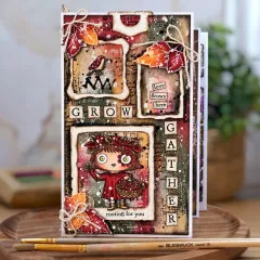 Klappkarte mit Mädchen mit Korb, Rahmen, Etiketten Grow, Gather und love grows here