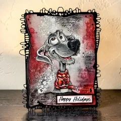 Mixed-Media-Karte 'Happy Holidays' mit grauem Hund im karierten Schal vor rot-grauem Hintergrund
