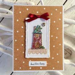 Kraftkarte mit Märchenhaus, roter Schleife und Etikett heart, home, happy