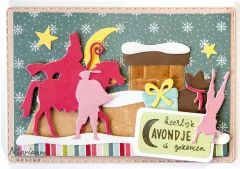 Karte mit Sinterklaas auf dem Pferd vor verschneitem Dach mit Schornstein, Mond, Sternen und Text heerlijk avondje is gekomen